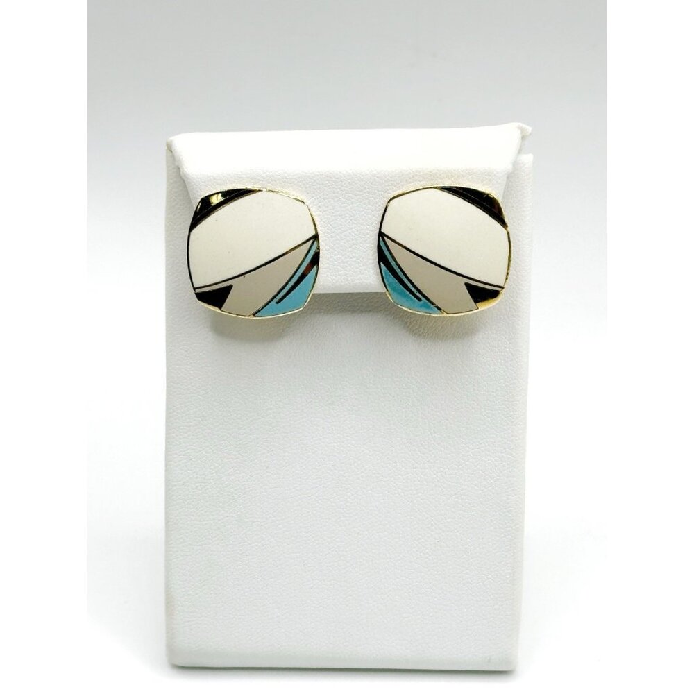 Isle Of Skye Clip On Earrings Blue‎ White Enamel Goldtone